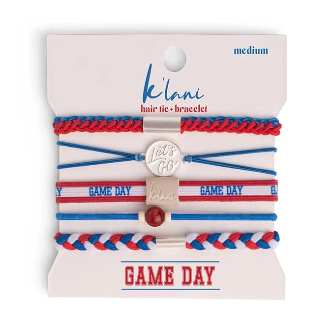 K'lani Game Day Hair Tie Bracelets – 5-Pack Stretchy No-Crease Hair Ties & Stylish Bracelets – Team Color Accessory for Hair or Wrist - Red, White & Blue, Large