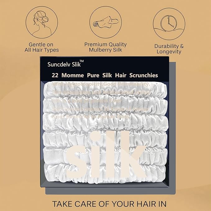 Suncdelv Silk,100% Silk Scrunchies for Hair,22 Momme Hair Ties for Anti-Crease & Breakage,Natural Women Hair Accessories，Fashion Hairbands 6PCS（White）