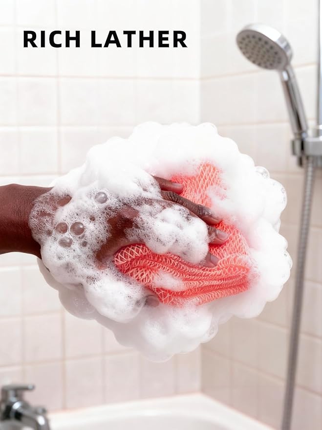 2Pcs African Net Sponge Authentic with Knots - Exfoliating Body Scrubber for All Skin Types, African Bath Sponge, Wash Cloth, Gentle Exfoliation Shower Rag for Women Daily Use(Pink & Purple)