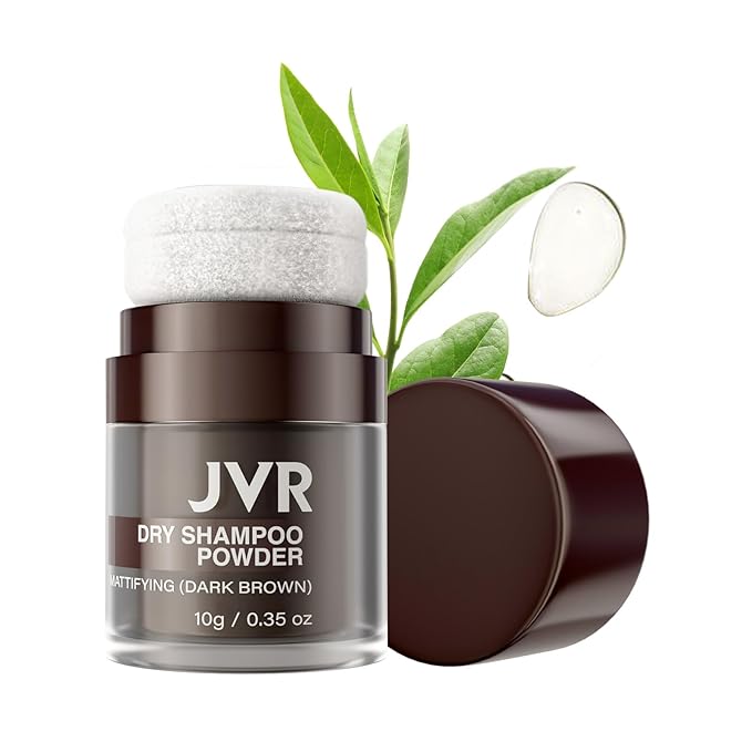 JVR Dry Shampoo Powder Absorbs Oil in Hair, Volumizing, Dry Shampoo for Women & Men, Freshens Hair, Mattifying Root Boost with Tea Extract, Non-Aerosol for Oily Hair Travel Size 0.35 oz (Dark Brown)