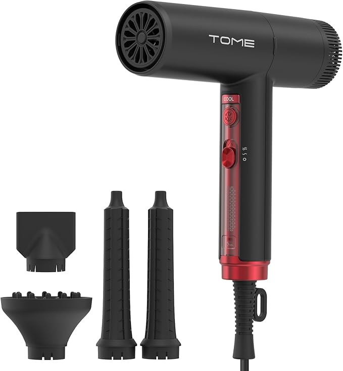 TOME Hair Dryer with Diffuser 1875W High Speed Blow Dryer Ionic 110000 RPM Cool Shot Lock 1 inch Air Curling Wands Nozzle Light Weight Red