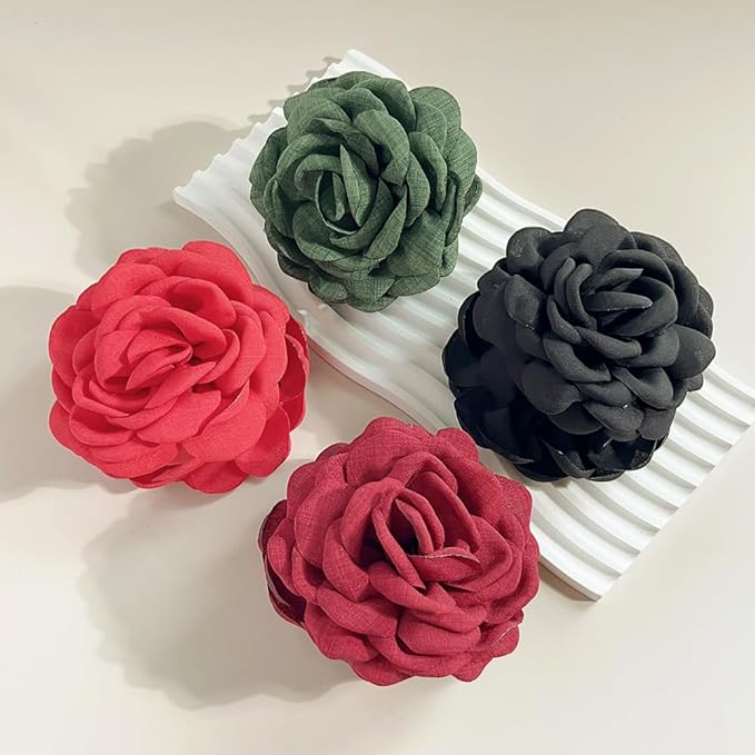 4pcs Handmade Fabric Rose Flower Hair Claw Clip for Women Girls, 3.94" Large Boho Hawaiian Floral Hairpins Barrettes for Thick Thin Hair Styling Accessories(Red Green)