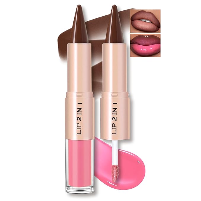Lip Liner Gloss Lip Combo Set, 2 in 1 Lip Duo Dark Brown Lip Liner Lipstick Glossy Nourishing Pink Gloss Lip Kit, Smooth Quick Fuller Plumping Moisturizing Lip Makeup for Women03#Dusty Mauve