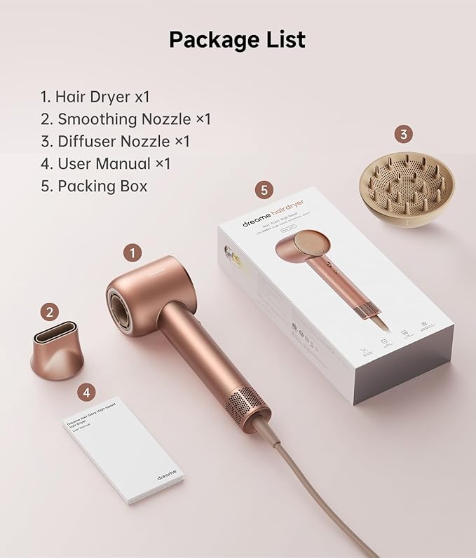 DREAME Hair Glory Combo High-Speed Hair Dryer, 110,000 RPM Motor, 300 Million Negative Ions, Fast-Dry in 2 Minutes, Lightweight & Quiet, Smart Temp Control, Ideal for Smooth, Shiny Hair