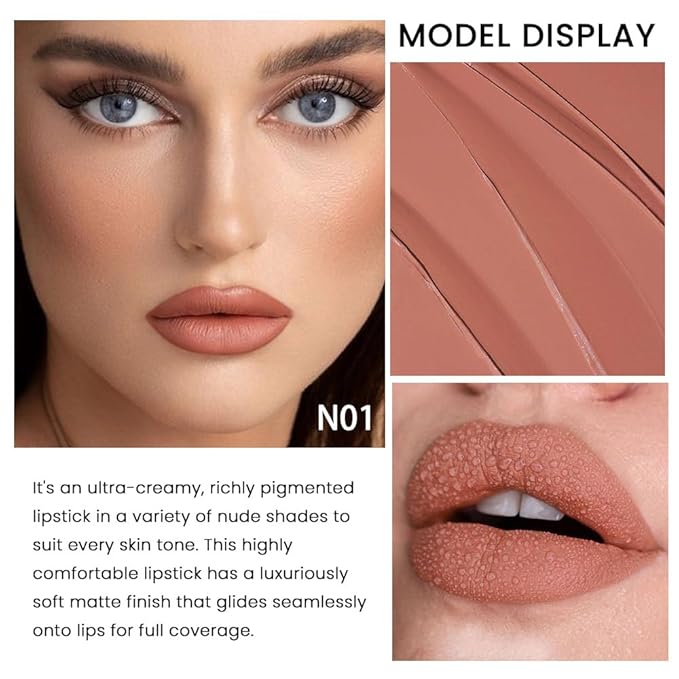 evpct 1Pcs Nude Beige Lipstick, Silky Velvet Matte Lipstick Pack Sets for Women, Long Lasting Smudge Proof Lipstick Lip Stain Makeup Kit matte lipstick 24 hours original N01