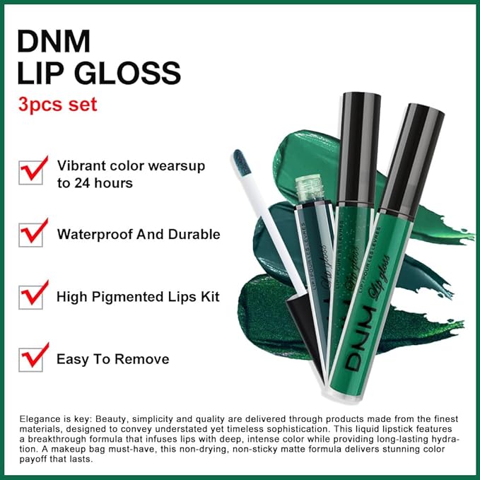 evpct 3Pcs Dark Deep Forest Green Shimmer Matte Liquid Lipstick Lip Stain Sets for Women Matte+Lipstick Long Lasting Waterproof Permanent 24 Hours Magic Lipstick 24 Hours original, Set23