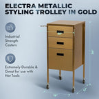 Buy-Rite Electra Metallic Styling Trolley in Gold – Durable Metal Salon Station with 3 Large Drawers, Side Appliance Holder, and Industrial Casters for Hot Tools & Hair Styling, CHM-2883-GLD