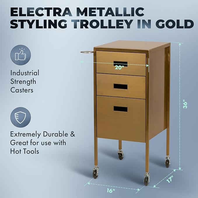 Buy-Rite Electra Metallic Styling Trolley in Gold – Durable Metal Salon Station with 3 Large Drawers, Side Appliance Holder, and Industrial Casters for Hot Tools & Hair Styling, CHM-2883-GLD