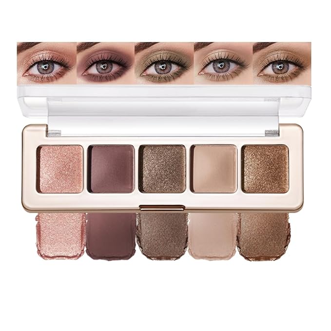 5 Colors Neutral Nude Matte & Shimmer Eyeshadow Palette,Rose Brown Beige Bronze Neutral-Warm Mattes Glitter Eye shadow Contour Makeup Palette for Mature Women, Blue Green Eyes, Daily Natural Makeup.