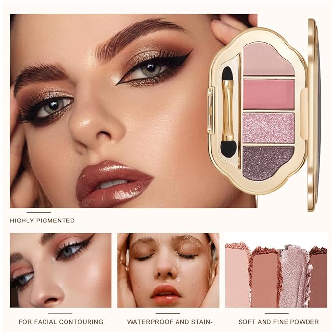 Nude Eyeshadow Palette 4 Colors, Smoky Pink Rose Matte Shimmer Eye Shadow Quad, Soft Pink Neutral Shades, High Pigment Long-Lasting Blendable Formula, Perfect for Romantic Daily Looks, 4#