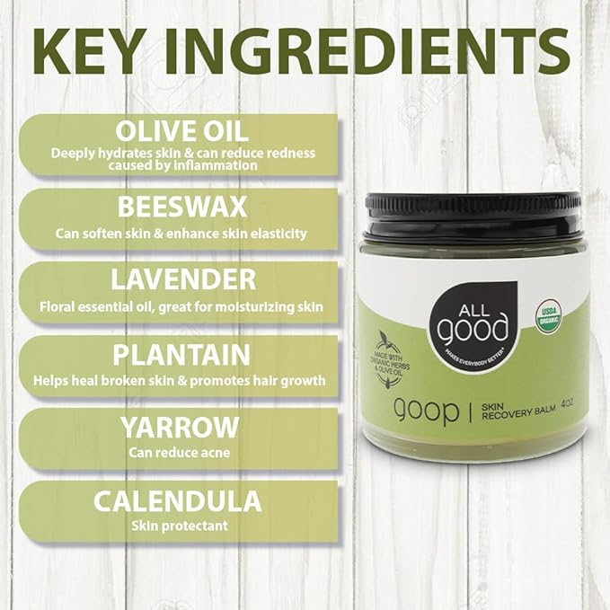 All Good Goop Organic Skin Care Recovery Balm - All Purpose Ointment w/Calendula, Lavender, Beeswax - Chafing Cream, Dry Skin Salve, Cracking Lip Moisturizer - Soothes, Hydrates & Calms - 4oz