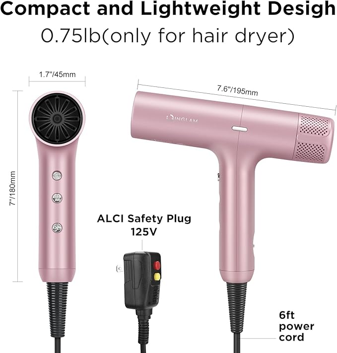 Hair Dryer, IG INGLAM 110, 000 RPM High-Speed Blow Dryer with LED Display, 1300W Low Noise Negative Ionic Hairdryer, 3 Temps & 3 Speeds Cool Switch & Memory Function, Lightweight, Rose Pink