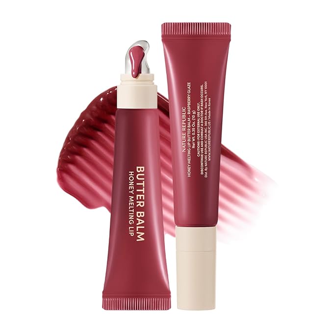 Nature Republic Honey Melting Lip Butter Balm – Moisturizing Tinted Plumping Lip Balm with Peptides, for Sheer & Glossy, Fuller-Looking Lips, Stocking Stuffers (RASPBERRY GLAZE)