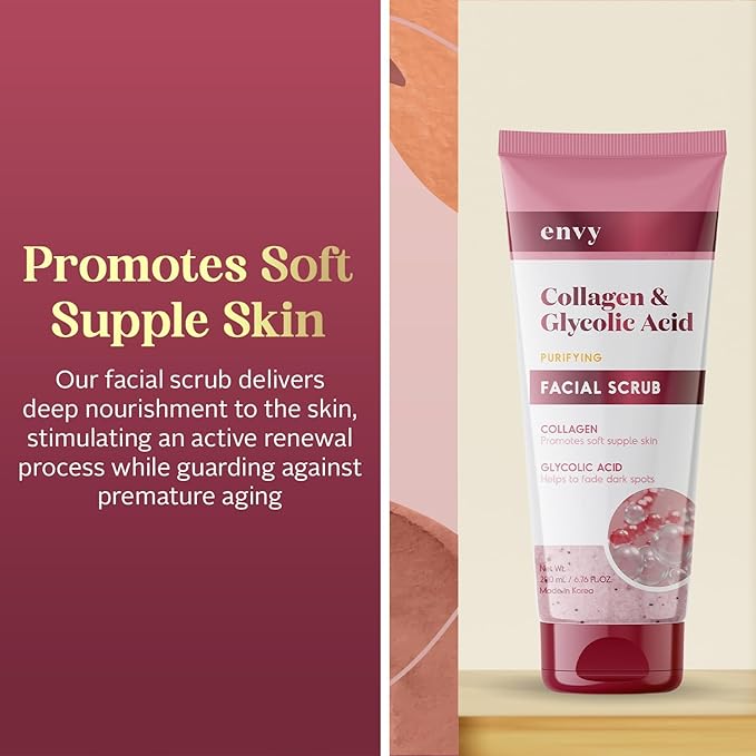 Envy Collagen & Glycolic Acid Face Scrub - Anti-Aging, Softening & Dark Spot Improving Exfoliating Scrub - Dermatologist Tested, Clean Beauty for All Skin Types - 6.76 Oz