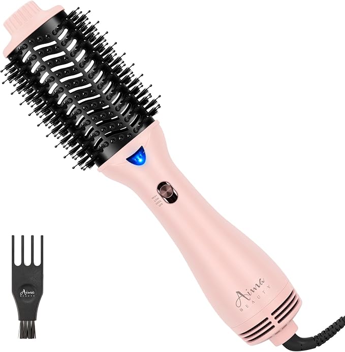 Aima Beauty Blow Dryer Brush - Ionic Ceramic Hot Air Brush for Frizz-Free Straightening & Voluminous Blowout, 2.3‘’/ 60mm Oval Barrel with Nylon Bristles, 360 Surrounded Vent, 3 Heat Settings, Pink