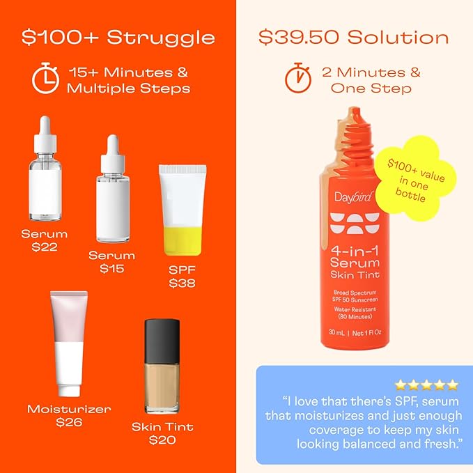 Daybird 4 in 1 Tinted Serum, Tinted Moisturizer and Sunscreen for Face, SPF 50+ Niacinamide, 1 Ounce (light)