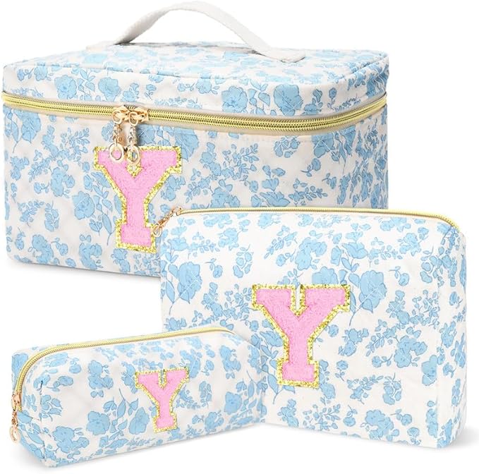 3 PCS Travel Makeup Bag Set, A–Z Initials Cotton Quilted Cosmetic Bag for Women & Preppy, Personalized Toiletry Bag Travel Accessories Makeup Brushes Organizer, Valentine’s Day & Birthday Gift for Her