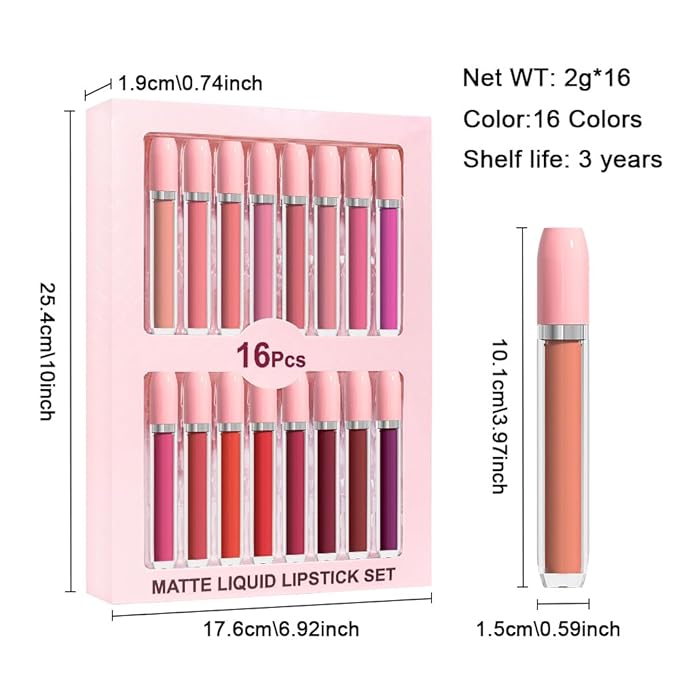 evpct 16Pcs Matte Liquid Lipsticks, Mauve Plum Purple Marron Orange Wine Red Pink Lipsticks Set, Long Lasting Waterproof Lip Gloss Highly Pigmented Lipstick Makeup 24hr Original Smudge Proof labial