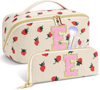 Personalized Travel Makeup Bag Set,Initial Travel Strawberry Makeup Organizer Bag,Toiletry Skincare Cosmetic Bag, Valentine's Day Gifts for Women/Girls/Teen,Open Flat Toiletry Pouch with Brush Bag