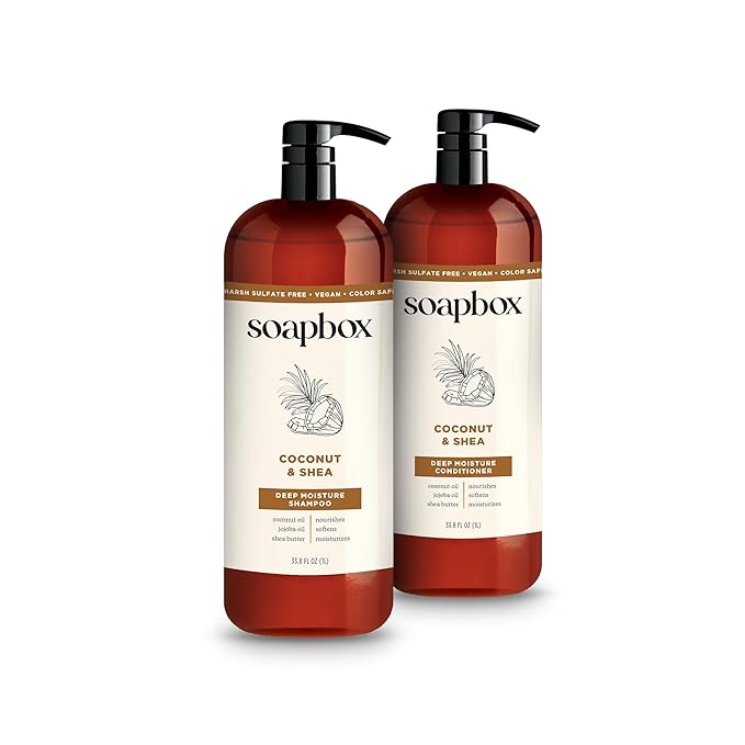 Soapbox Shampoo and Conditioner Set with Coconut Oil, Jojoba Oil, Aloe and Shea Butter to Moisturize and Nourish for All Hair Types, 1 Liter Each (Pack of 2)