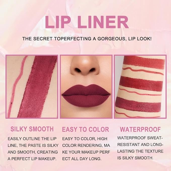 evpct 3Pcs Dark Ruby Wine Red Lip Liner and Lipstick Set Kit for Women Matte Matt 24 Hour Lipstick and with Lip Liner Pencil Set Waterproof Long Lasting 24 labial labiales mate 24 horas originales