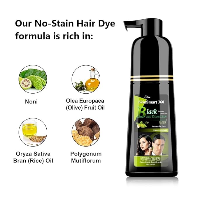 SkinSmart 360® No-Stain Hair Dye Shampoo – Full Gray Coverage for Men & Women, 3-in-1 Color + Cleanse + Condition, Natural Ingredients, Easy No-Mix Formula, 200 mL (Natural Black)