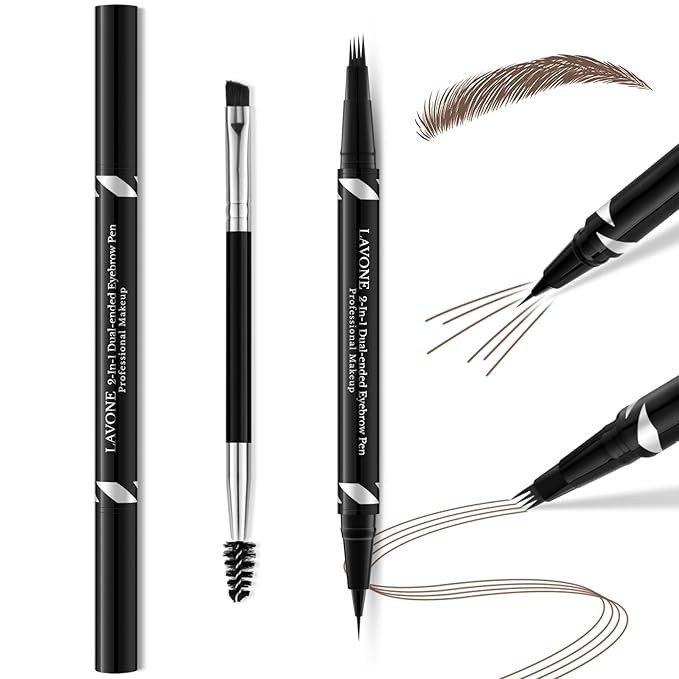 LAVONE Eyebrow Pen,2-IN-1 Dual-ended Waterproof Eyebrow Pencil,with 4 Tip Microblading Eyebrow Pen and Ultra-Precise Brow Pencil,Dual-ended Eyebrow Brush, for Natural Looking-Dark Brown
