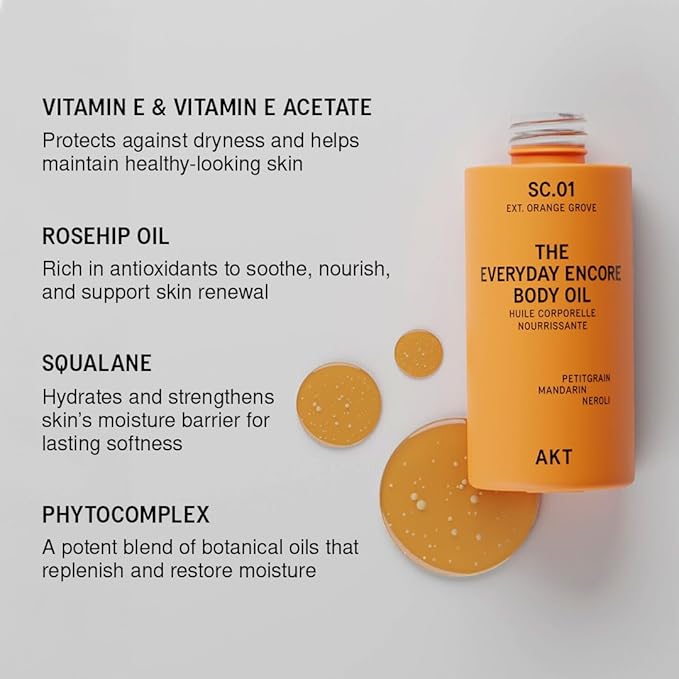 AKT Everyday Encore Body Oil 3.4 Fl Oz, SC.01 Orange Grove Scent, Dry Body Oil After Shower, Skin Moisturizer, Fast Absorbing, Lasting Glow, Citrus Neroli Fragrance, Non-Greasy, All Genders Skincare