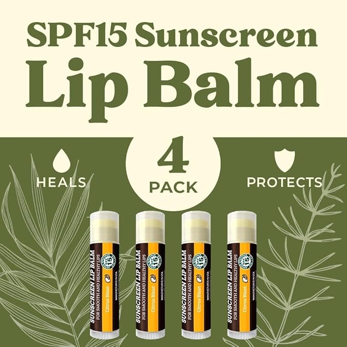 Earth's Daughter SPF Lip Balm 4-Pack Citrus Flavor Stocking Stuffers - Lip Sunscreen, SPF 15, Organic Ingredients, Beeswax, Coconut Oil, Vitamin E - Hypoallergenic, Paraben Free, Gluten Free