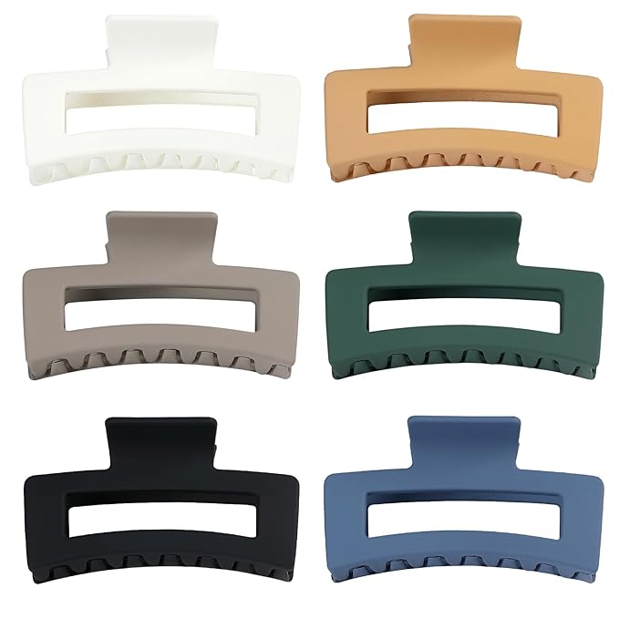 Square Hair Clips 3.5 Inch Medium Claw Clips Rectangle Hair Claw Clips 6 Pack Rubber Paint Jaw Non-Slip Thick Hair Accessories for Women Girls -Neutral