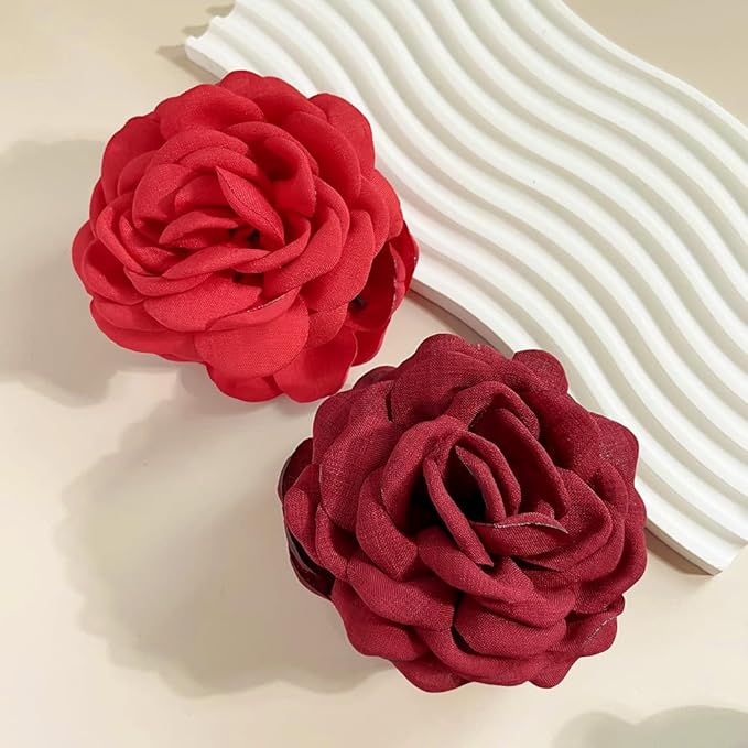 4pcs Handmade Fabric Rose Flower Hair Claw Clip for Women Girls, 3.94" Large Boho Hawaiian Floral Hairpins Barrettes for Thick Thin Hair Styling Accessories(Red Green)