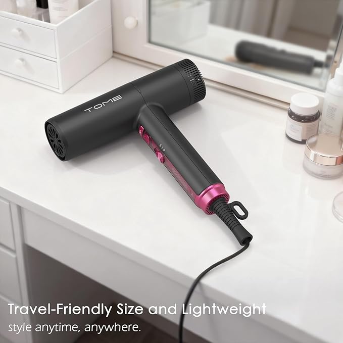 TOME Hair Dryer with Diffuser 1875W High Speed Blow Dryer Ionic 110000 RPM Cool Shot Lock 1 inch Air Curling Wands Nozzle Light Weight Hot Pink