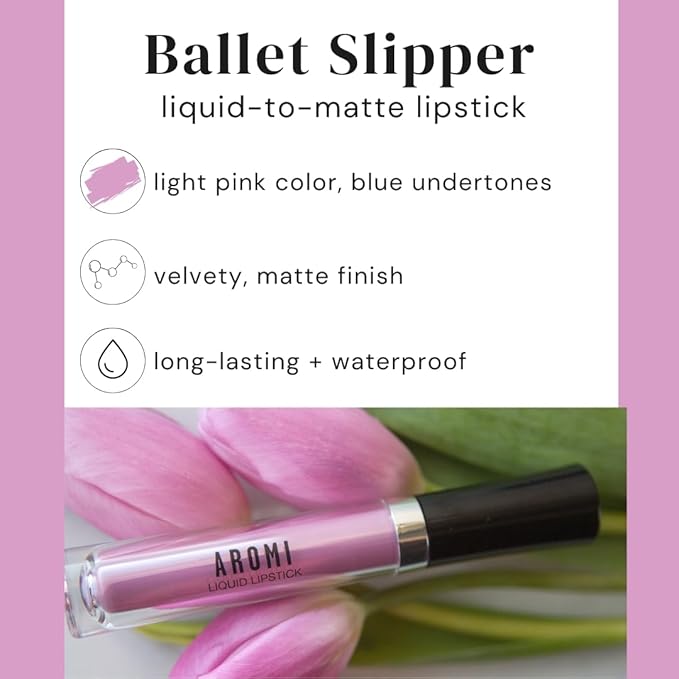 Aromi Matte Liquid Lipstick | Light, Baby Pink Lip Color with Blue Undertones, Long-lasting, Vegan, Cruelty-free, Gluten, Paraben, + Phthalate Free (Ballet Slipper)