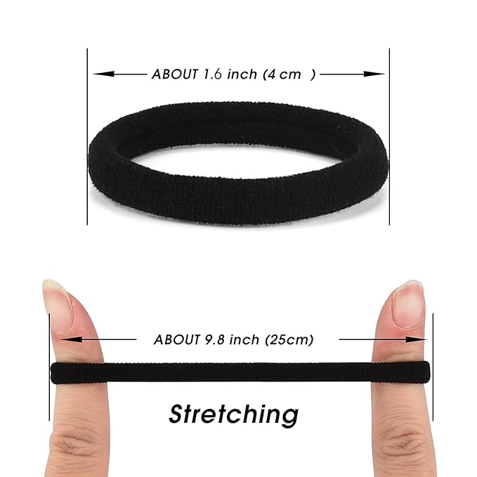 50PCS Black Hair Ties,Cotton Seamless Ponytail Holders,No Damage Elastics Hair Bands for Thick Heavy &Curly Hair