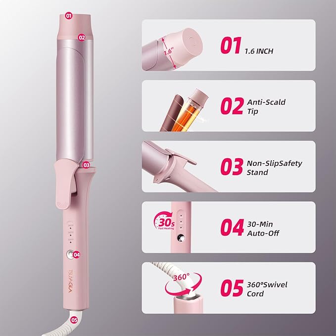 Large Hair Curling Wand, 1.6 Inch Big Barrel Curling Iron, 40 Million Ionic Ceramic Curler with 3 Temp, Auto Shut-Off, Long Barrel Curling Wand for Long Hair, Dual Voltage