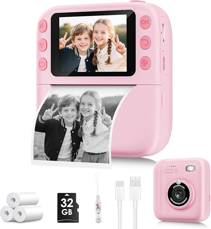 Instant Print Camera for Kids, Christmas Birthday Gifts for Girls Boys, 1080P Instant Digital Print Cameras for Toddler,Portable Toy for 4 5 6 7 8 9 10 Year Old Girl with 32GB SD Card，Pink