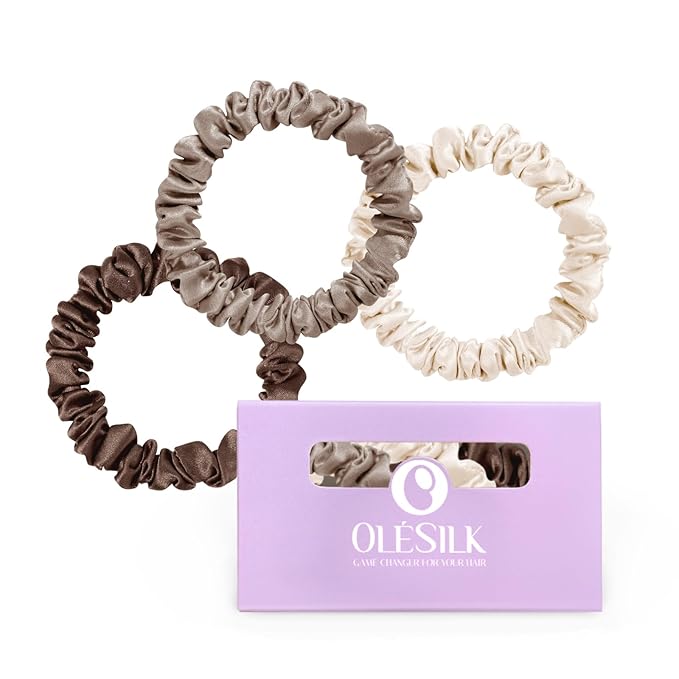 OLESILK Silk Hair Tie - 100% Mulberry Silk Scrunchies, Soft and Gentle Hair Accessories, Skinny for Women with Thin Fine Hair, 3 Count, Brown