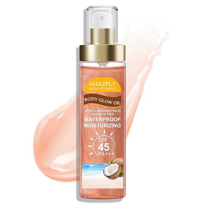 Body Glow Oil, SPF 45 PA+++, Sunscreen Body Oil with Rose Gold Mica, Moisturizing Coconut with Vitamin E, Glow Moisturizer, Lightweight, Water Resistant, 3.72 fl oz,ROSE