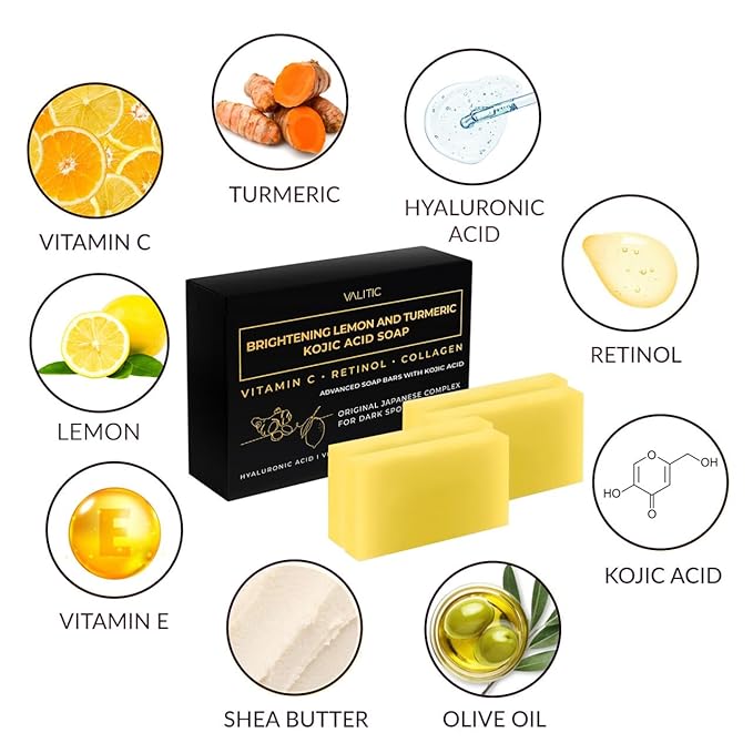 VALITIC Brightening Lemon & Turmeric Kojic Acid Soap with Vitamin C, Retinol, Collagen - Original Japanese Complex Infused with Hyaluronic Acid, Vitamin E, Shea Butter, Castile Olive Oil (4 Pack)