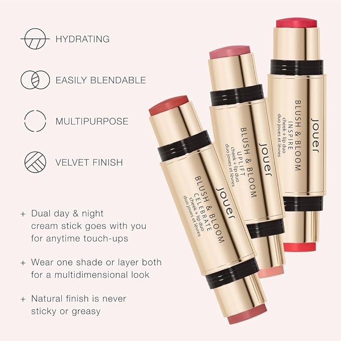 Jouer Blush & Bloom Cheek + Lip Duo - Hydrating Cream Blush Stick for Lip and Cheek Tint - Moisturizing Rose Hip and Squalane Oil Formula, Uplift