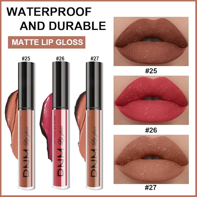 evpct 3Pcs Nude Brown Rose Pink Dark Matte Liquid Lipstick Makeup Sets for Dark Skin Black Women, Permanent Lip Stain Set Long Lasting Lipstick 24 Hours Waterproof labiales mate 24 horas originales 09