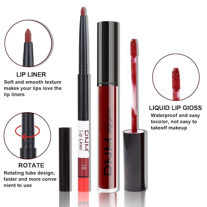evpct 2Pcs Dark Red Maroon Matte Lipstick and Lip Liner Makeup Set for Women Dark Blood Red Liquid Matte Brown Lipstick Lip Liner Stain Long Lasting Waterproof Permanent Lipsticks 24 hours 15#