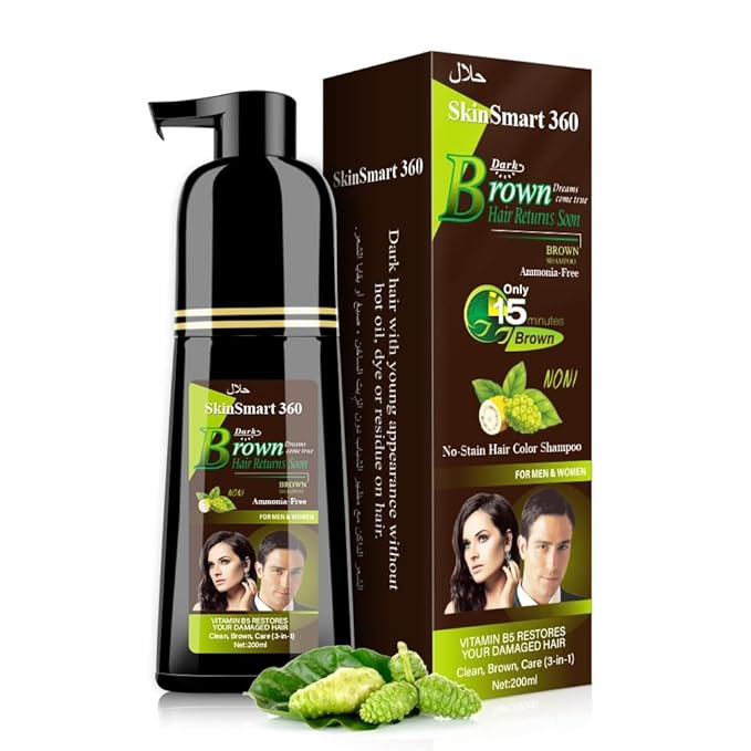 SkinSmart 360® No-Stain Hair Dye Shampoo – Full Gray Coverage for Men & Women, 3-in-1 Color + Cleanse + Condition, Natural Ingredients, Easy No-Mix Formula, 200 mL (Dark Brown)