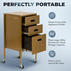 Buy-Rite Electra Metallic Styling Trolley in Gold – Durable Metal Salon Station with 3 Large Drawers, Side Appliance Holder, and Industrial Casters for Hot Tools & Hair Styling, CHM-2883-GLD