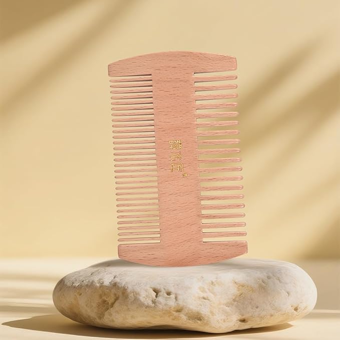 TAN MUJIANG Beard Comb for Men - Dual Density Bristles | Beechwood with Lacquer Finish | 29 Fine Teeth + 18 Wide Teeth | Mustache Grooming Kit Essential