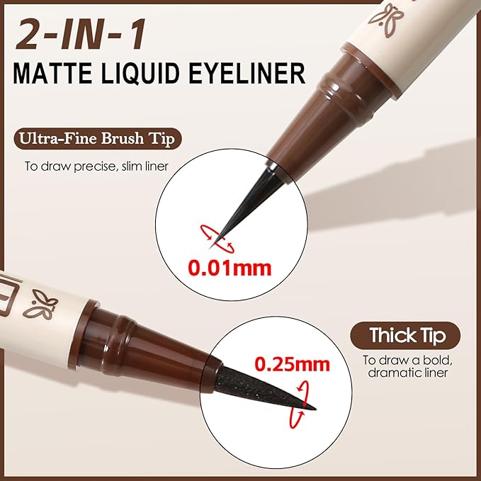 Boobeen 2pcs Liquid Eyeliner，Dual-Ended Eye Liner with Thick Tip and Precise Brush Tip，Waterproof Black Liquid Liner Pen，Matte Finish，All Day Wear，Smudge-proof,Brown