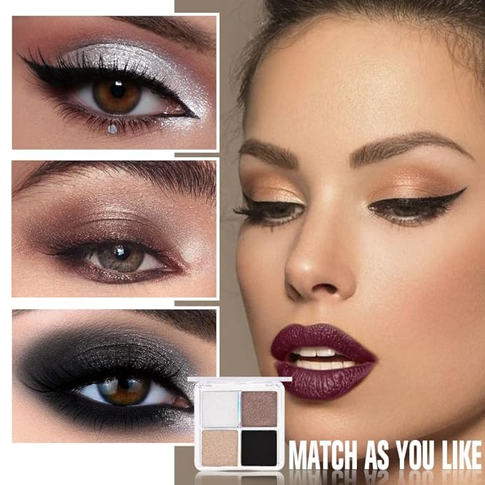 4 Colors Dark Brown Gold Silver Black Eye Shadow Powder Palette Makeup, Neutral Matte Shimmer Cream Quads Eyeshadow Palette for Women Highly Pigmented Waterproof, paleta de sombras de ojos 04