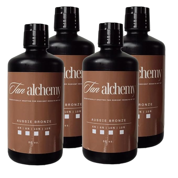 Tan Alchemy, Aussie Bronze 4-32 oz bottles of 10%, Med/Med Dark DHA Sunless Airbrush Spray Tanning Solution (Gallon)