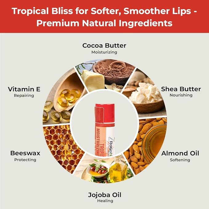 RaGaNaturals All Natural Tropical Moisturizing Lip Balm, Nourishing Lip Care For All Day Hydration, 100% Natural, Handmade with Love in USA, SuperFruit - Berries, Mango, Grapefruit (4 Pack)