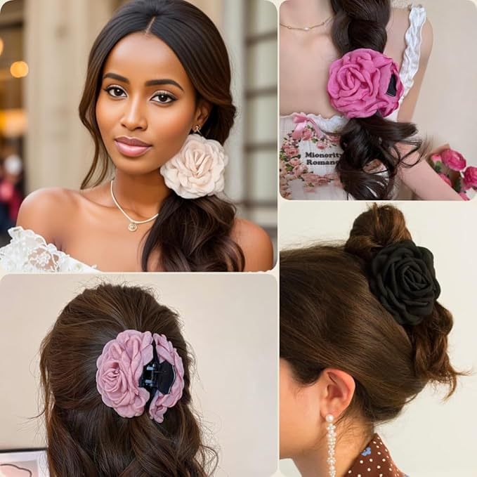 4pcs Handmade Fabric Rose Flower Hair Claw Clip for Women Girls, 3.94" Large Boho Hawaiian Floral Hairpins Barrettes for Thick Thin Hair Styling Accessories(Pink Purple)